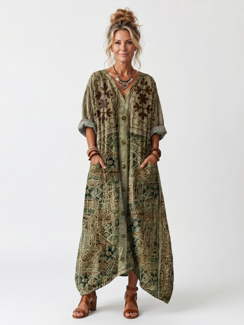 Lena | Elegancka Sukienka Midi z Guzikami i Kieszeniami