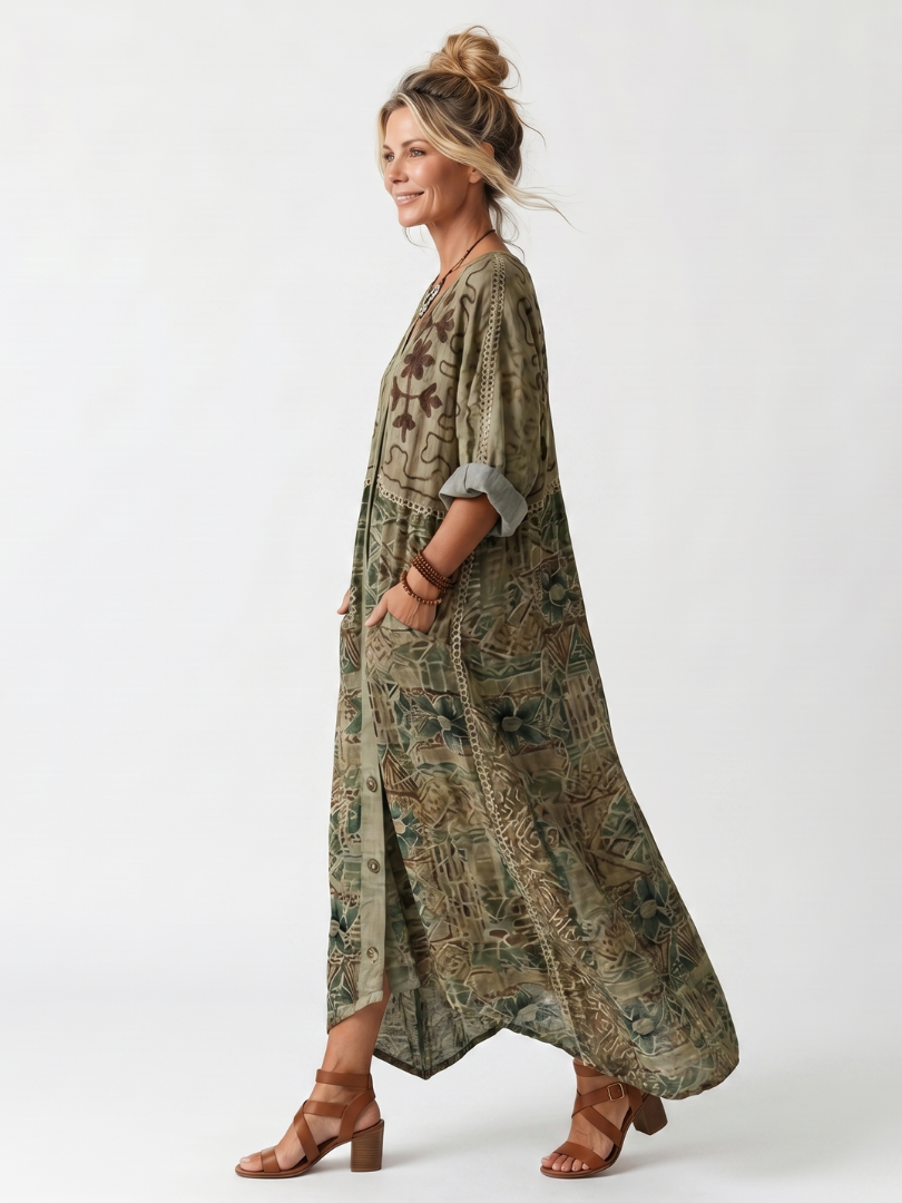 Lena | Elegancka Sukienka Midi z Guzikami i Kieszeniami