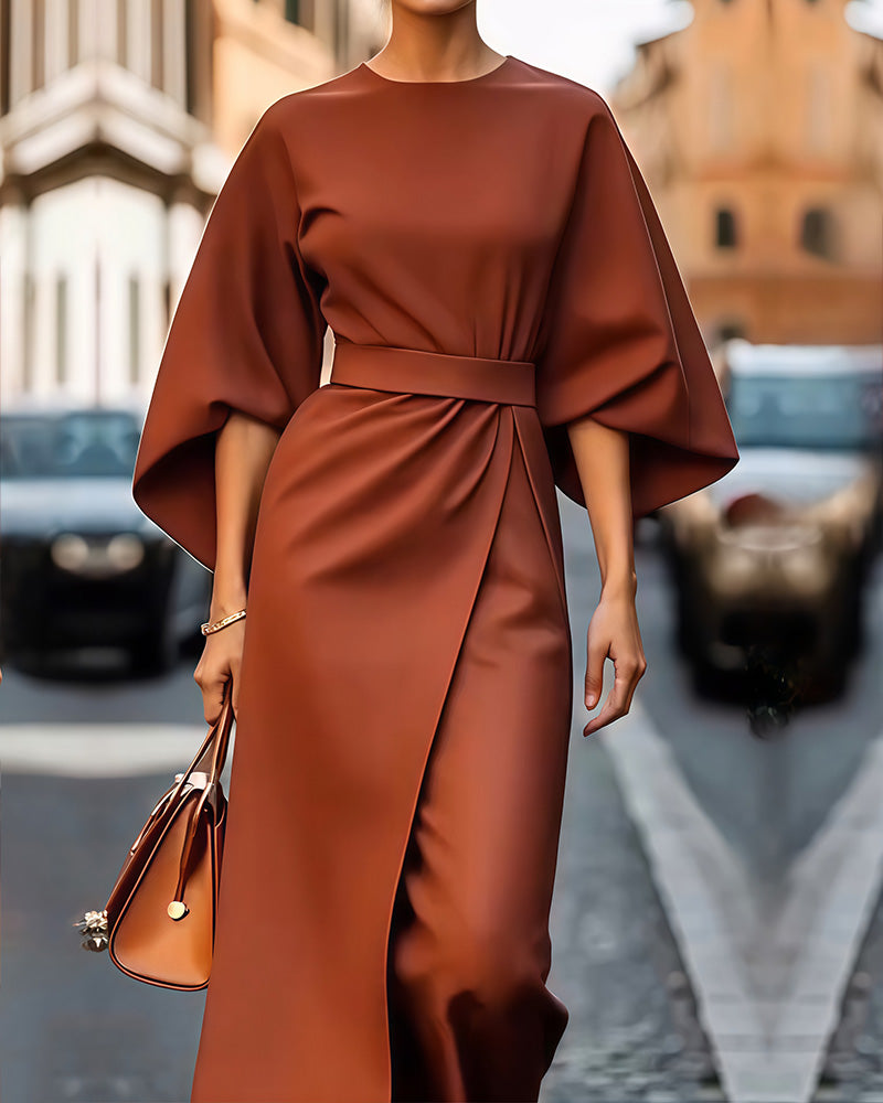 Celestine - Sukienka Z Eleganckimi Latarniowymi Rękawami I Paskiem