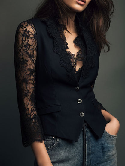 Nina | Elegancka Marynarka z Koronkowymi Rękawami