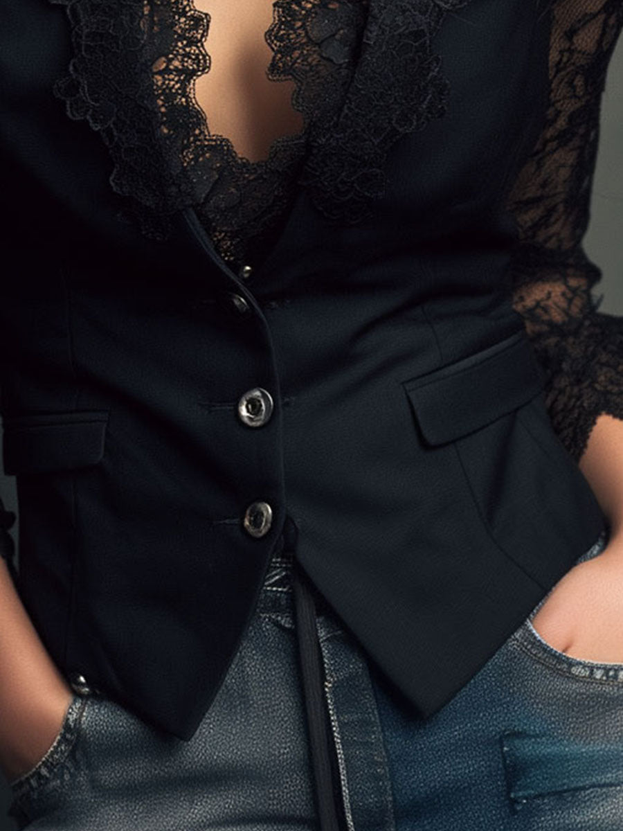 Nina | Elegancka Marynarka z Koronkowymi Rękawami