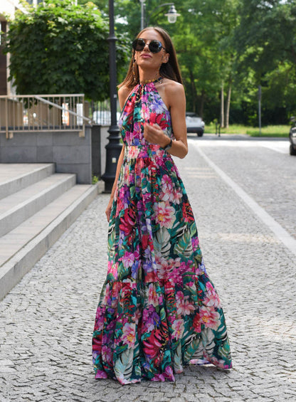 Julita - Zwiewna Sukienka Maxi w Kwiaty z Wiązaniem na Szyi i Falbaną
